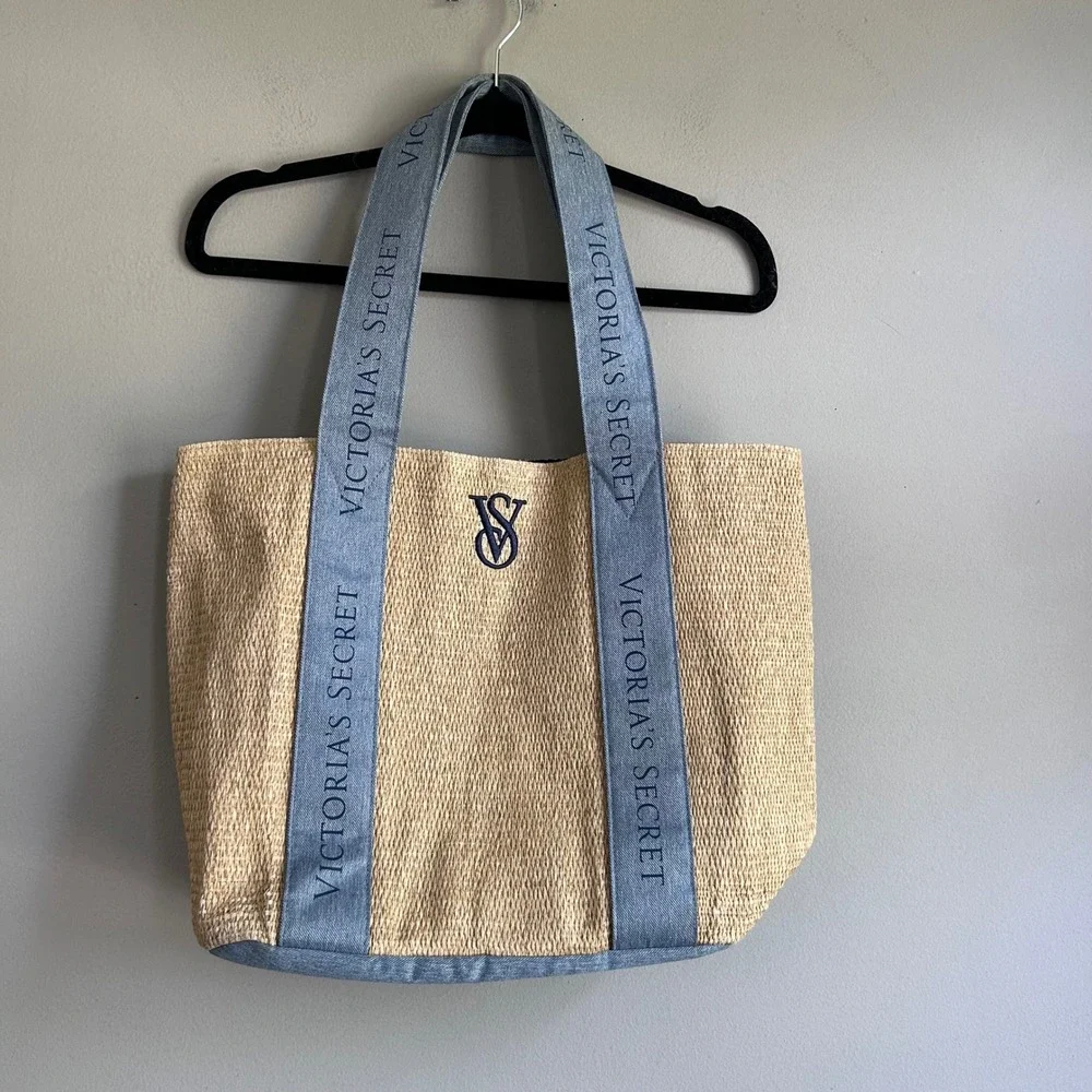 Victoria's Secret Straw Tote Bag Blue Denim Trim Beach Summer Logo 11232338